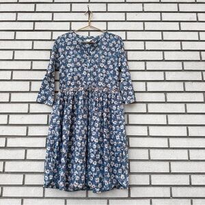 Anokhi Blue Floral Block Print Cotton Dress XS India Boho Cottagecore Drawstring